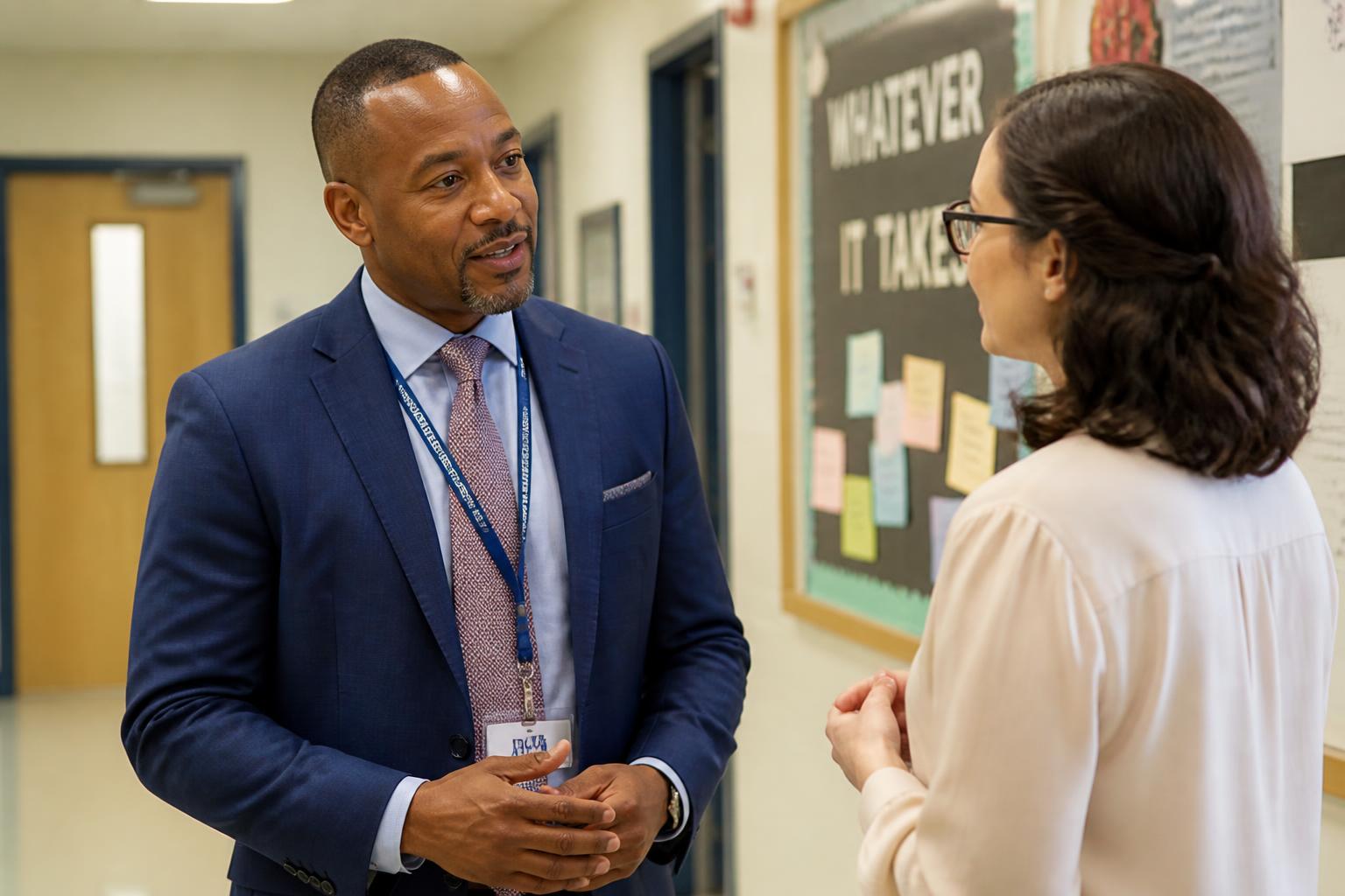 School principal and teacher in conversation